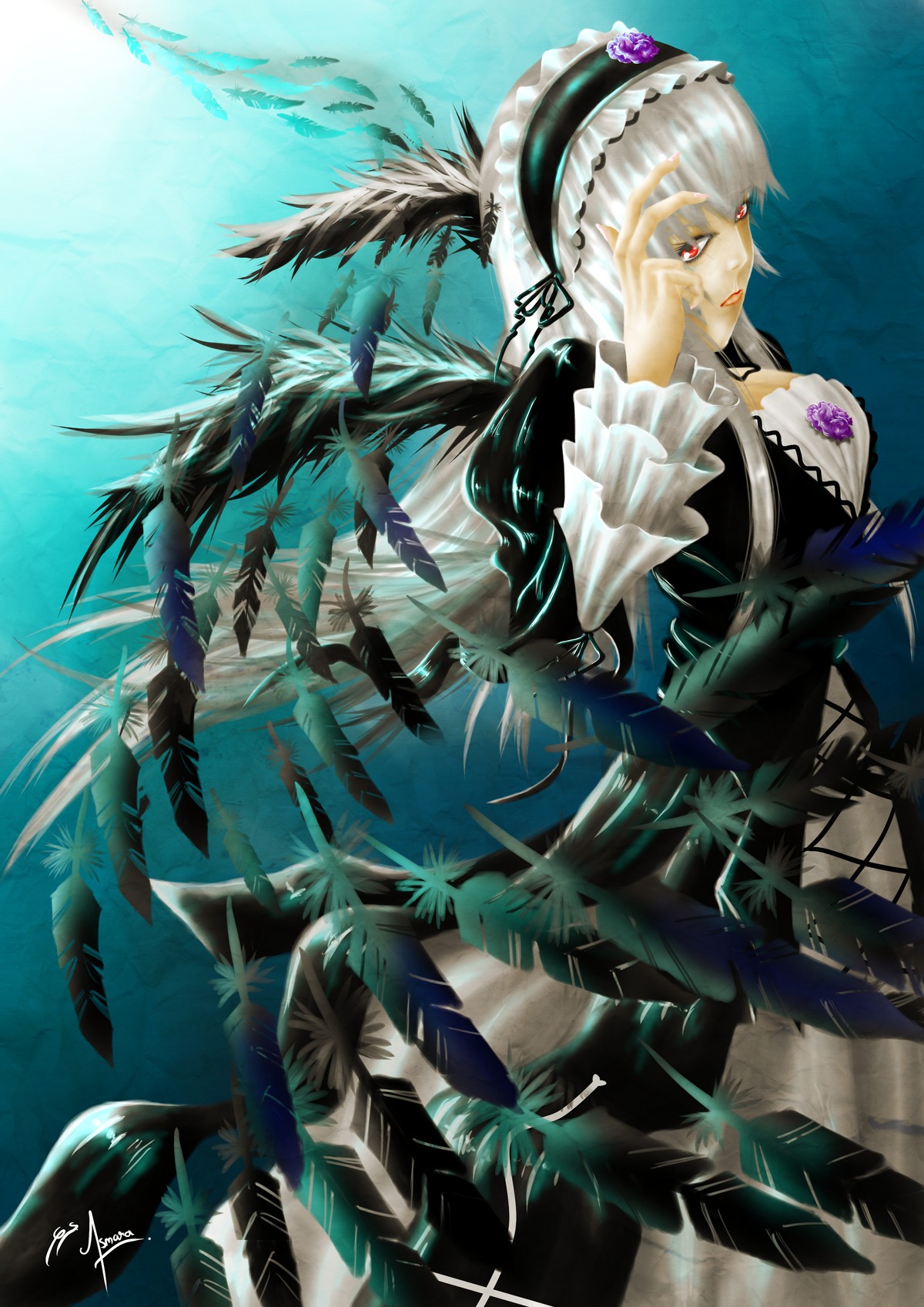 1girl dress frills hairband image lolita_hairband long_hair long_sleeves red_eyes solo suigintou white_hair wings