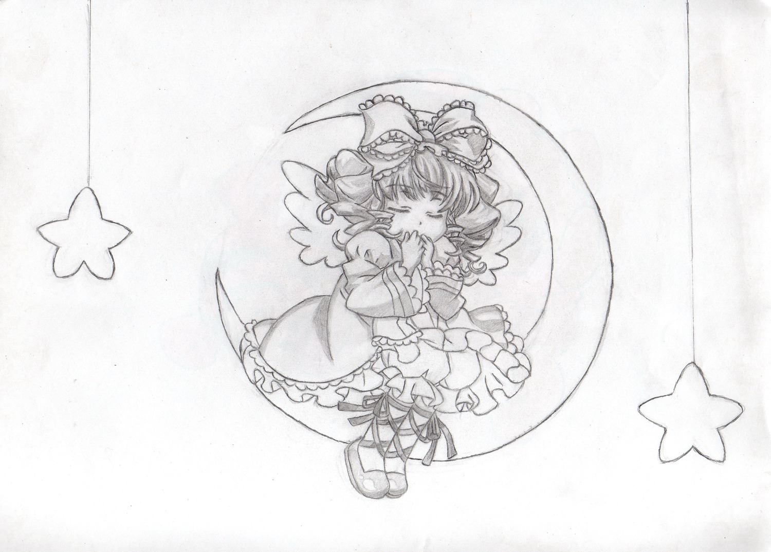 1girl bow closed_eyes dress frills hakurei_reimu hinaichigo image monochrome shoes solo star_(symbol) star_print starfish starry_background traditional_media wings