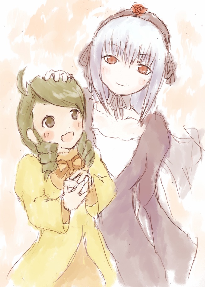 2girls :d ahoge blush bow bowtie brown_eyes brown_hair dress flower green_hair hairband hand_on_another's_head image kanaria long_sleeves multiple_girls open_mouth pair smile suigintou