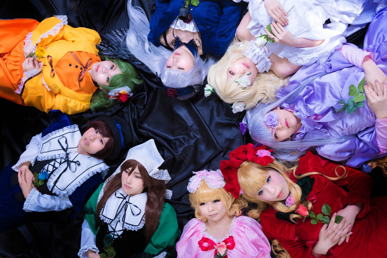 6+girls 91076 blonde_hair blue_eyes bow brown_hair choker closed_eyes dress flower frills green_hair hair_ornament hat lips long_hair multiple_cosplay multiple_girls realistic ribbon tagme