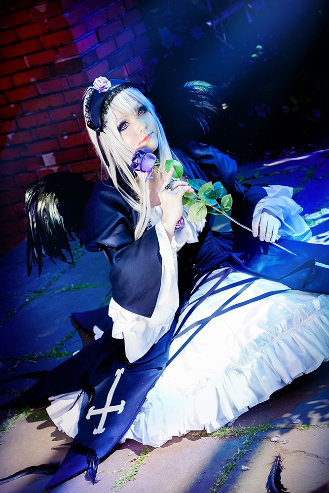1girl dress feathers flower hairband holding long_hair long_sleeves silver_hair solo standing suigintou water wings