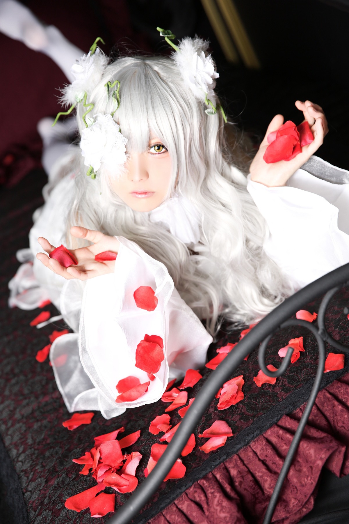 1girl animal_ears bangs blood blurry blurry_background depth_of_field fingernails hair_over_one_eye kirakishou lips long_hair looking_at_viewer nail_polish solo white_hair yellow_eyes