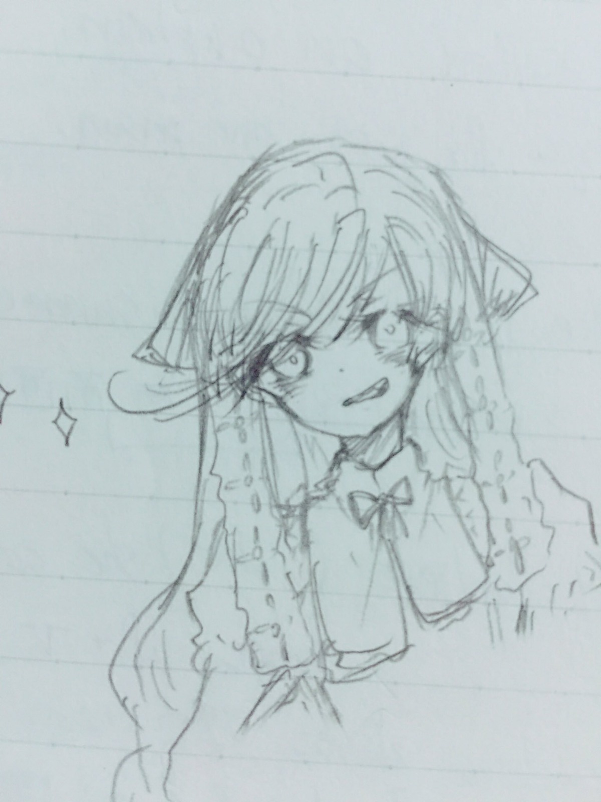 1girl bow bowtie dress eyebrows_visible_through_hair image long_hair looking_at_viewer monochrome sketch solo sparkle suiseiseki traditional_media upper_body