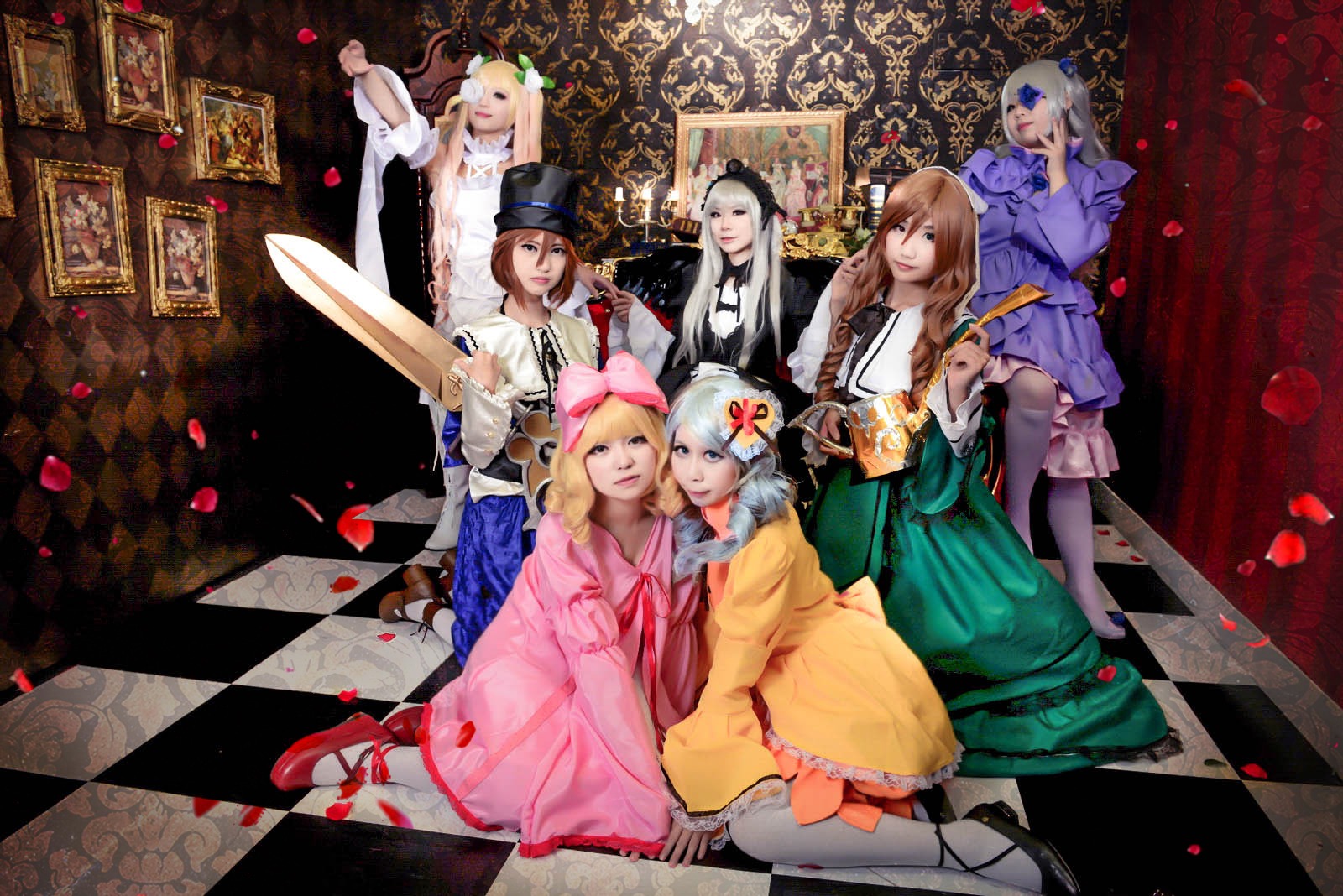 argyle argyle_background argyle_legwear blonde_hair blue_eyes board_game brown_hair checkered checkered_background checkered_floor chess_piece dress flower hair_ornament hat long_hair multiple_boys multiple_cosplay multiple_girls perspective petals short_hair tagme tile_floor tiles
