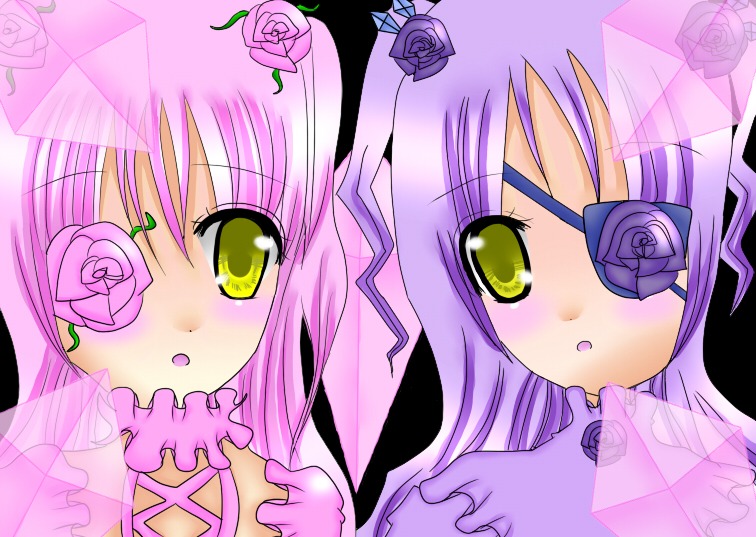 2girls :o barasuishou blue_flower blue_rose blush choker eyepatch flower frills image kirakishou long_hair multiple_girls pair pink_flower pink_rose purple_flower purple_hair purple_rose rose siblings sisters thorns white_rose yellow_eyes yellow_rose