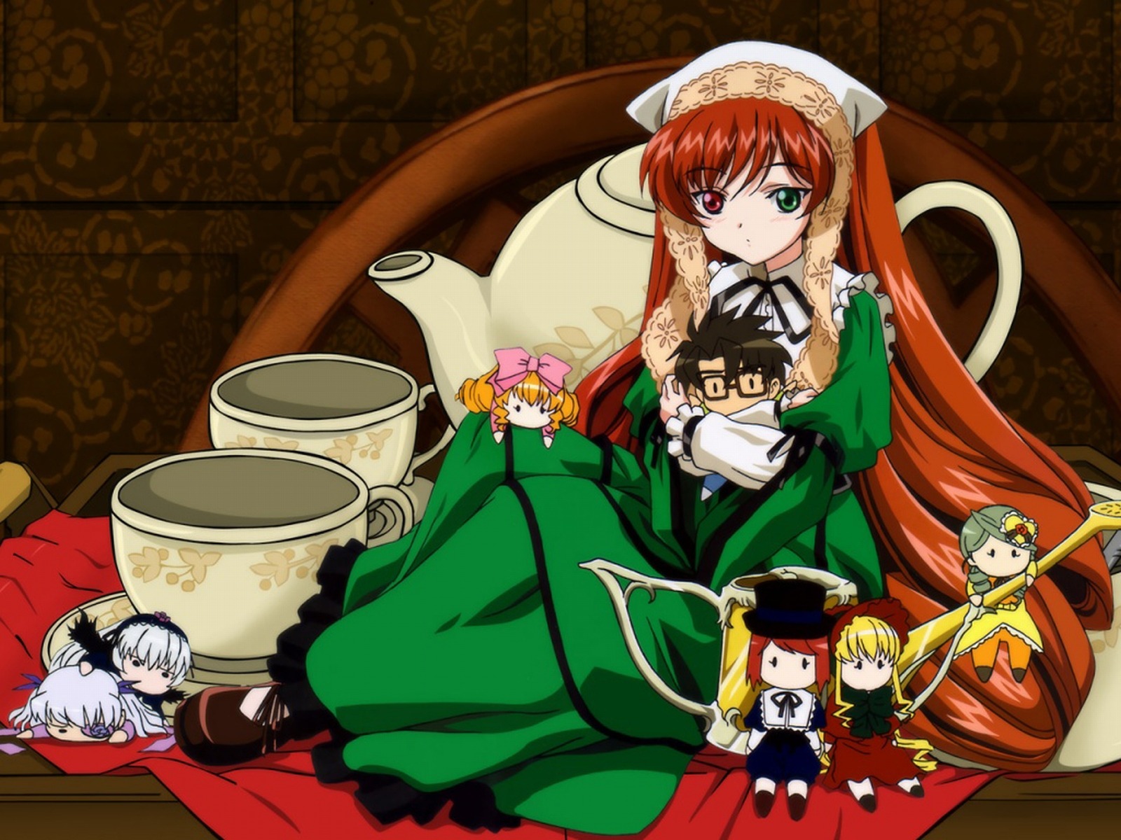 1girl 6+girls :o artist_request barasuishou blonde_hair blush bonnet bow brown_hair character_doll doll dress frills green_dress green_eyes hat head_scarf heterochromia hina_ichigo image kanaria long_hair long_sleeves minigirl multiple object_hug parted_lips photoshop_(medium) pink_bow red_eyes rozen_maiden sakurada_jun shinku solo souseiseki suigintou suiseiseki tagme teapot twintails very_long_hair watering_can wings