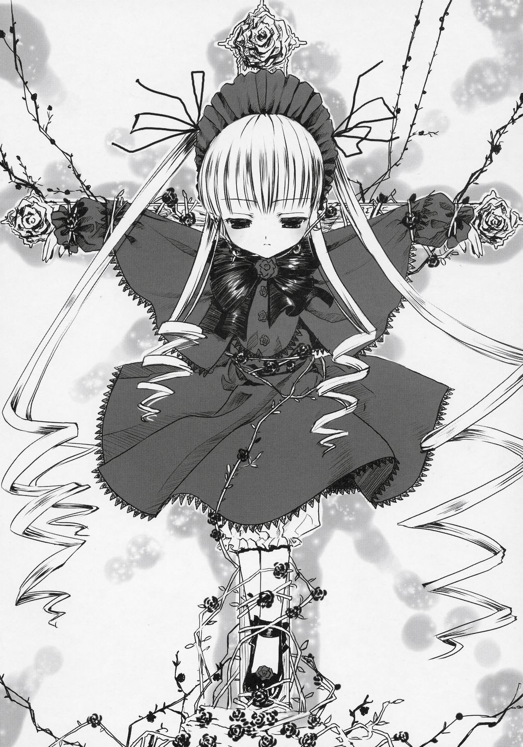 1girl bonnet dress drill_hair flower greyscale image long_hair long_sleeves monochrome rose shinku solo standing twintails