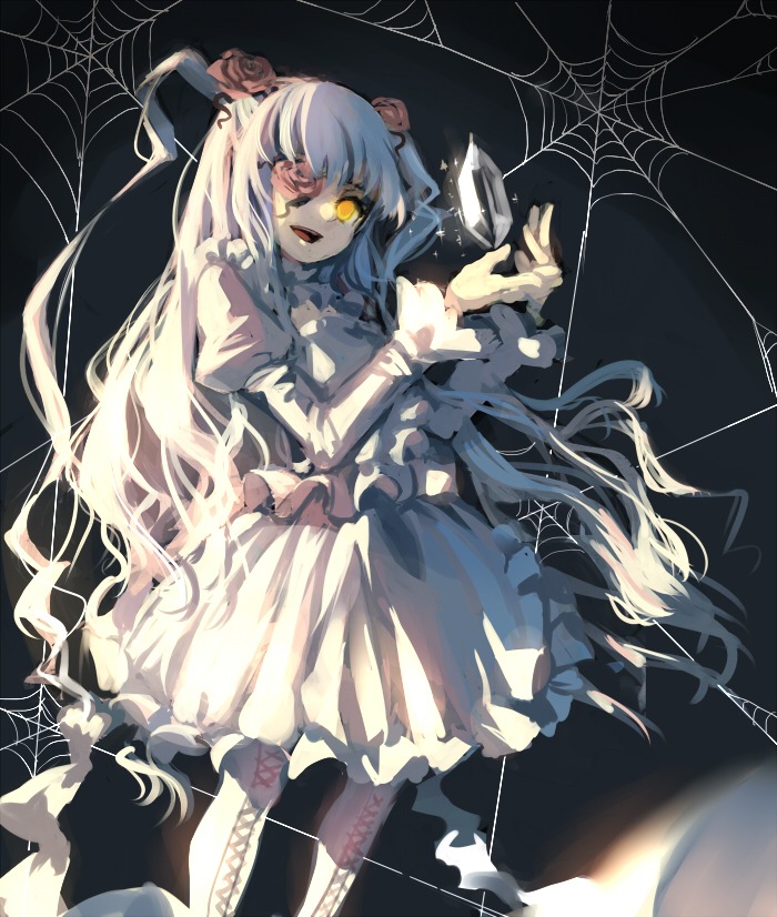 1girl boots broken_glass commentary_request crystal dress eyepatch flower hair_flower hair_ornament hikariz image juliet_sleeves kirakishou long_hair long_sleeves open_mouth rose rozen_maiden silk solo spider_web thorns two_side_up very_long_hair white_hair yellow_eyes