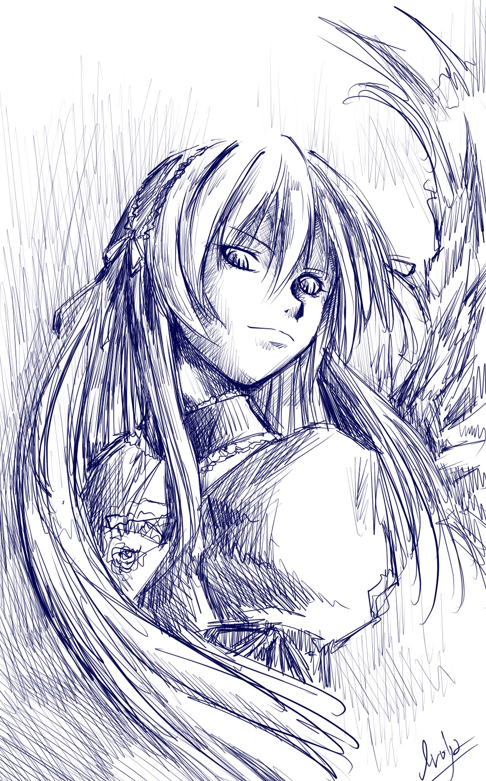 1girl closed_mouth hair_ribbon image long_hair looking_at_viewer monochrome ribbon signature solo suigintou traditional_media upper_body