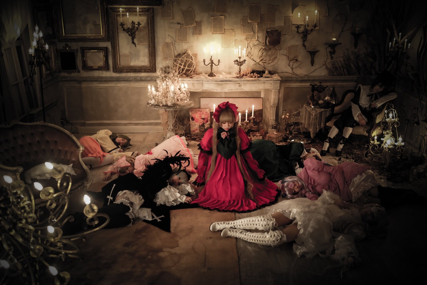 black_hair candle dress indoors long_hair multiple_cosplay multiple_girls painting_(object) sitting skull tagme