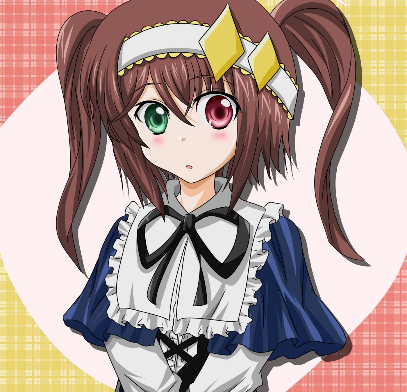 1girl :o auto_tagged blush bow brown_hair checkered checkered_background commentary_request creator_connection crossover dia_(shugo_chara!) dress frills green_eyes hairband headband heterochromia highres image long_hair long_sleeves looking_at_viewer open_mouth parody peach-pit plaid_background red_eyes ribbon rozen_maiden shugo_chara! solo souseiseki striped_background takumi_(rozen_garten) twintails upper_body