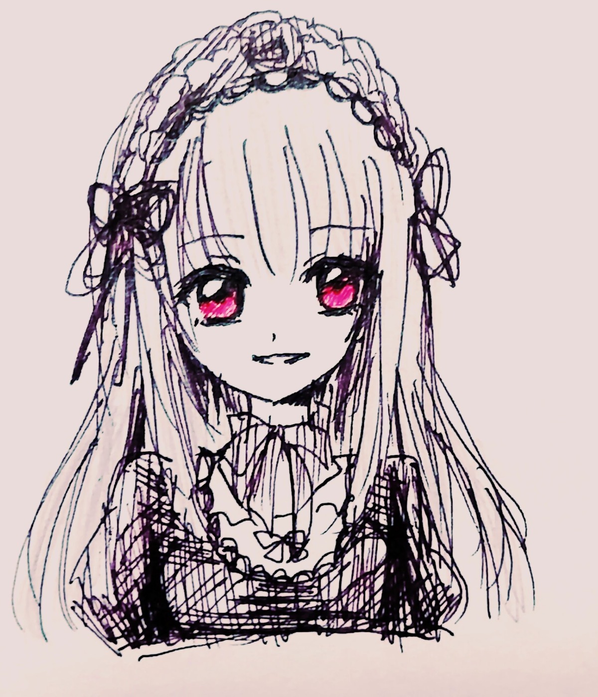 1girl bangs eyebrows_visible_through_hair hairband image long_hair looking_at_viewer pink_eyes ribbon simple_background smile solo suigintou traditional_media