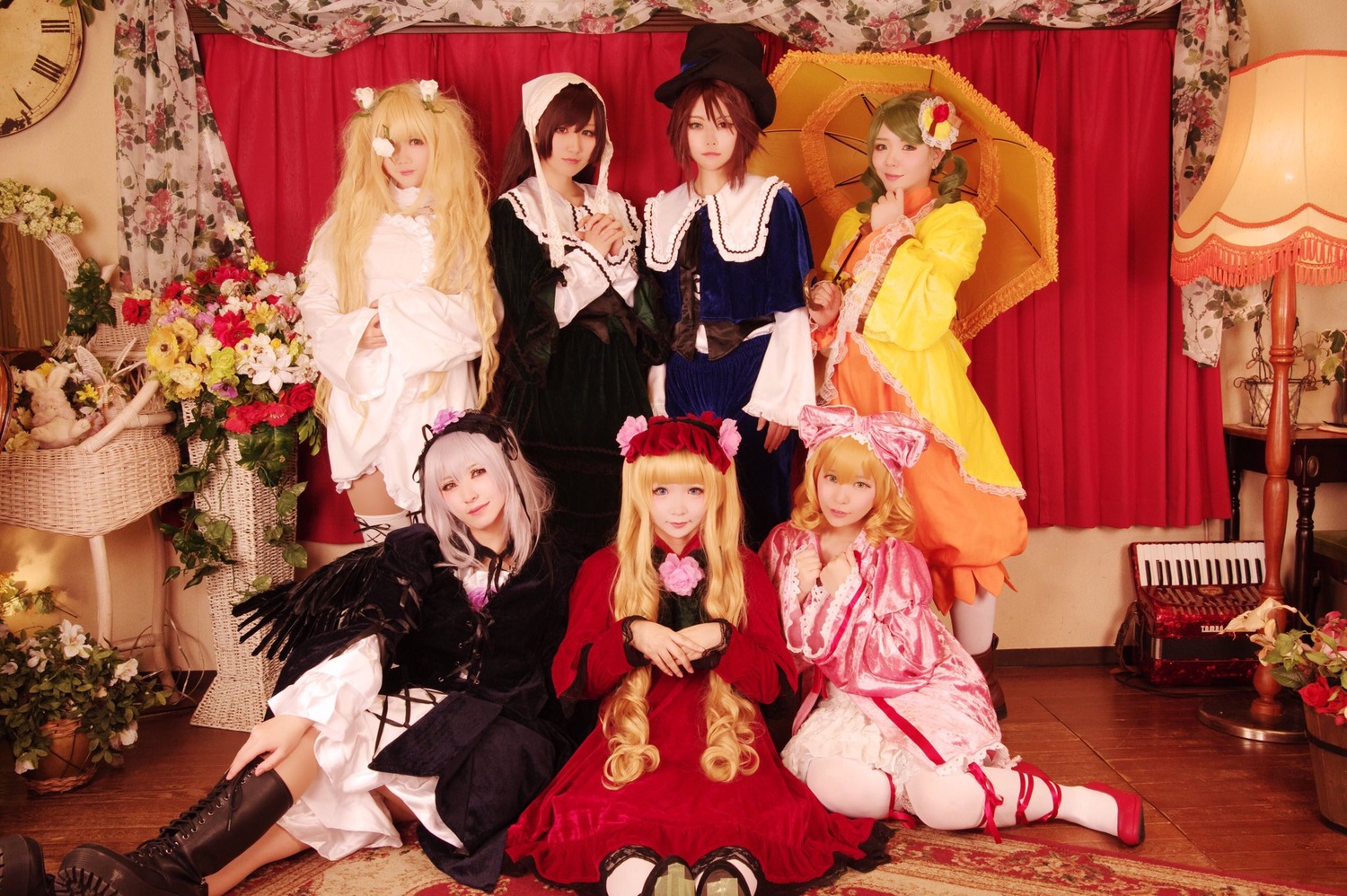 blonde_hair boots brown_hair curtains dress flower hair_ornament hat hood jewelry long_hair multiple_cosplay multiple_girls pillow short_hair tagme