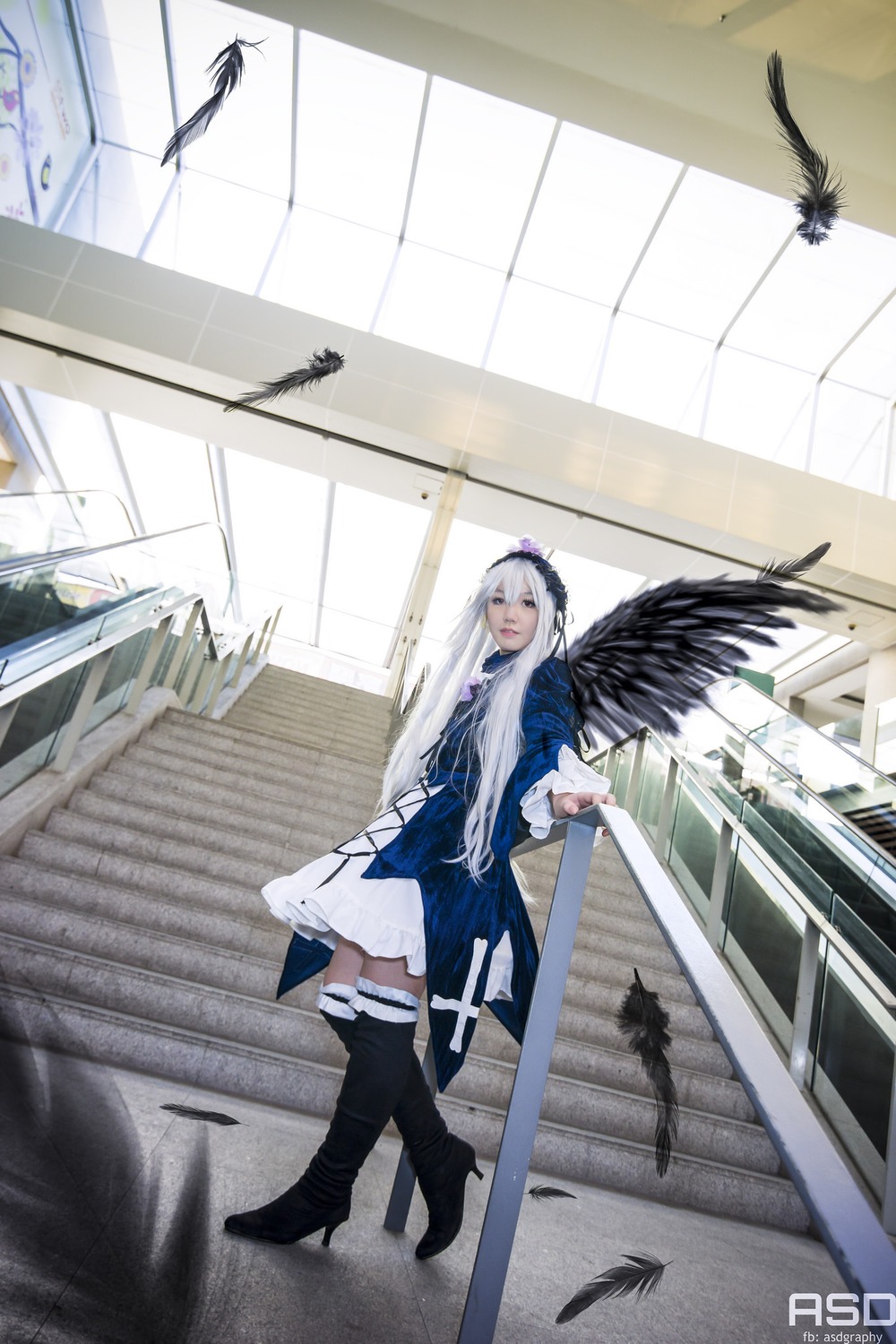 1girl angel angel_wings bird bird_on_hand black_feathers black_wings boots crow dove dress feathered_wings feathers flock flying high_heels long_hair seagull solo suigintou thighhighs white_feathers wings