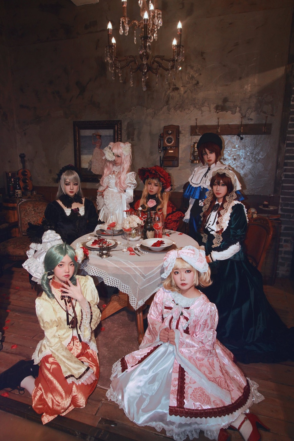 6+girls apron bangs black_hair blonde_hair blue_eyes brown_hair candle candlestand chair chest_of_drawers closed_eyes curtains dress flower frills gloves hair_ornament hat indoors long_hair long_sleeves looking_at_viewer maid multiple_girls painting_(object) rug see-through silver_hair sitting smile standing table wide_sleeves wooden_floor