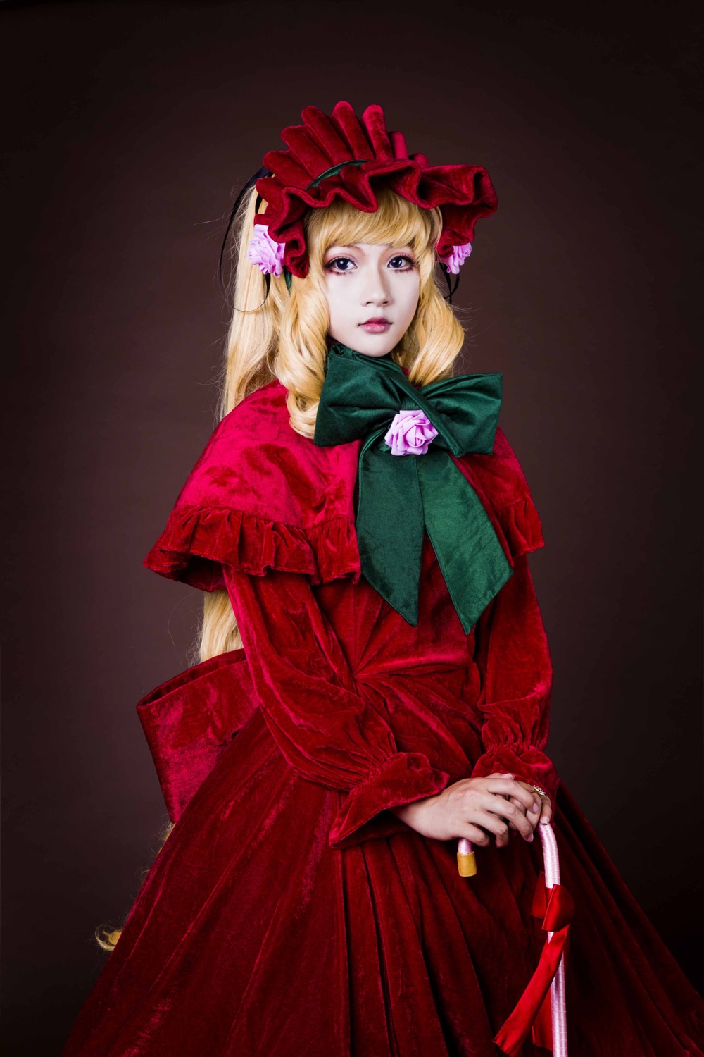 1girl blonde_hair blue_eyes bonnet dress flower lips long_hair long_sleeves looking_at_viewer red_dress rose shinku solo standing