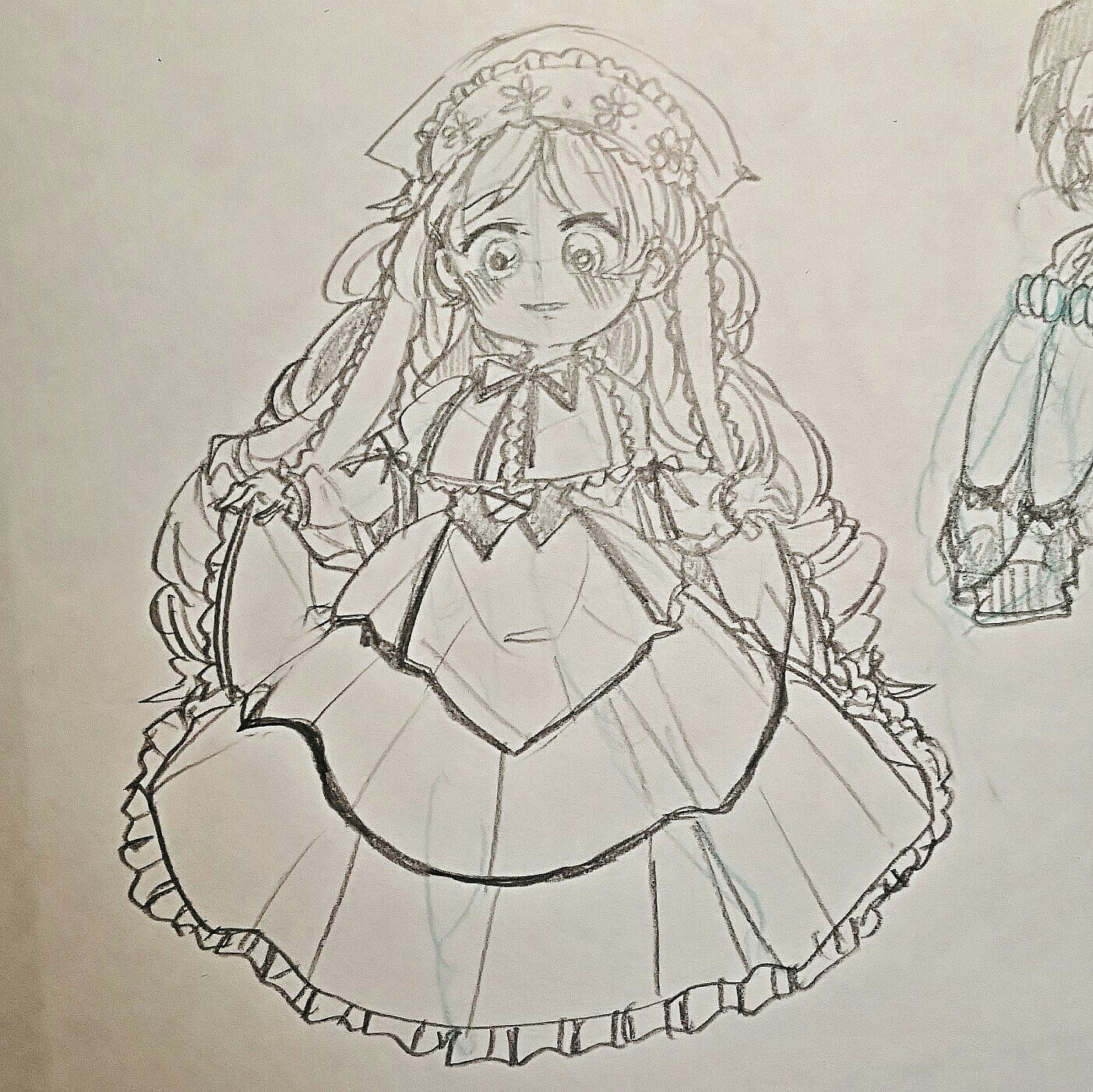 1girl blush dress frills greyscale image long_hair long_sleeves monochrome smile solo suiseiseki traditional_media