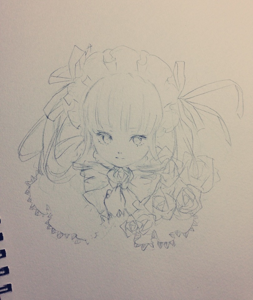 1girl flower image long_hair looking_at_viewer monochrome rose shinku solo traditional_media