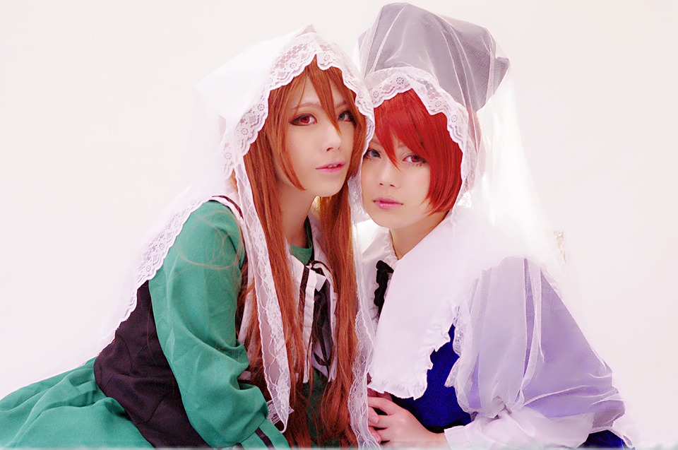 2girls dress head_scarf lips long_hair looking_at_viewer multiple_cosplay multiple_girls red_eyes red_hair red_lips sisters striped striped_background tagme upper_body veil