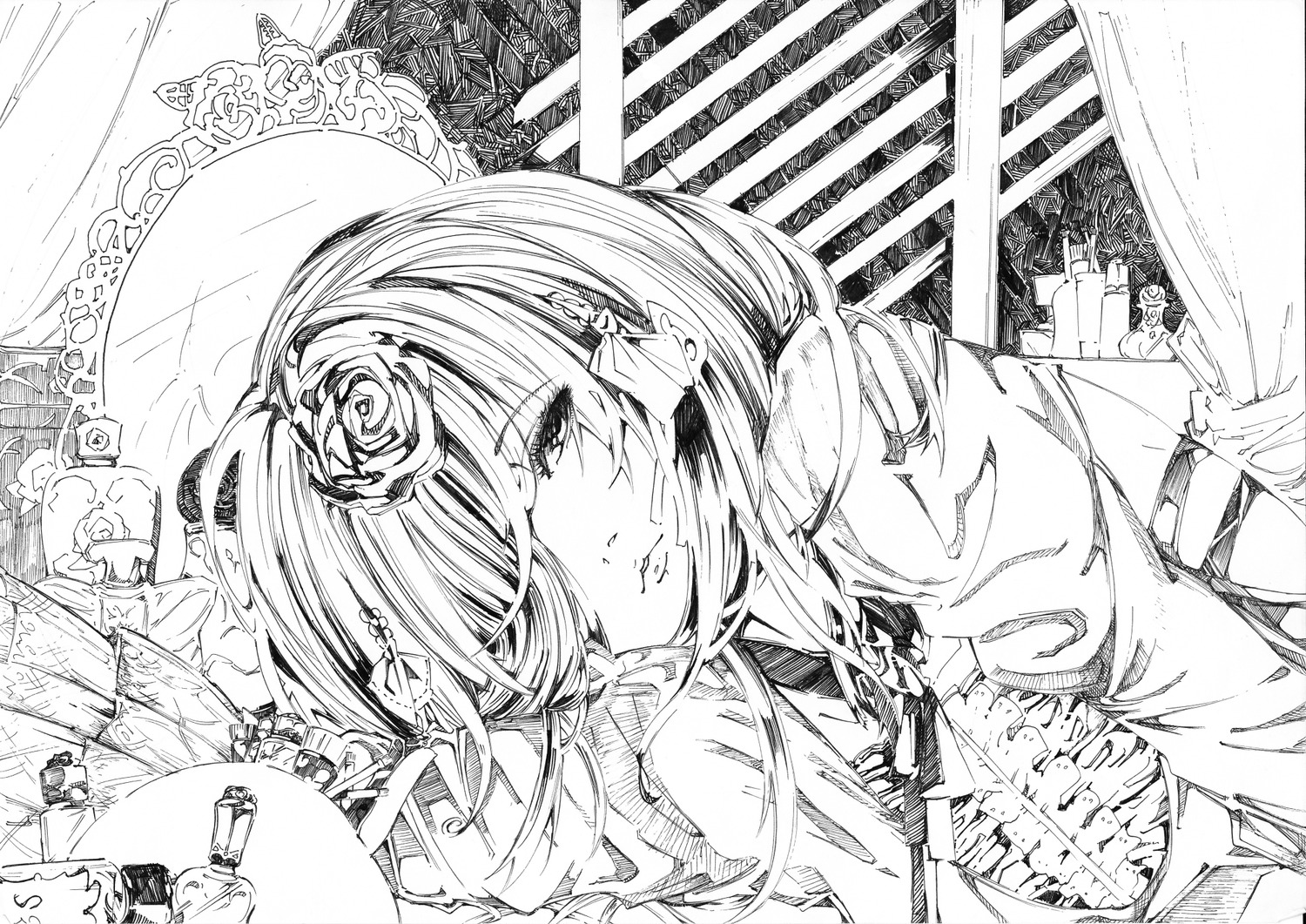 1girl bad_id bad_pixiv_id ballpoint_pen_(medium) bottle earrings flower frills greyscale hair_flower hair_ornament hair_over_one_eye highres image jewelry kirakishou lineart long_hair looking_at_viewer monochrome rose rozen_maiden short_hair solo suigintou traditional_media uwaraba