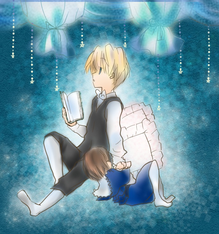 1boy 1girl auto_tagged blonde_hair book bow brown_hair dress holding holding_book image long_sleeves lying pantyhose reading short_hair solo souseiseki white_legwear