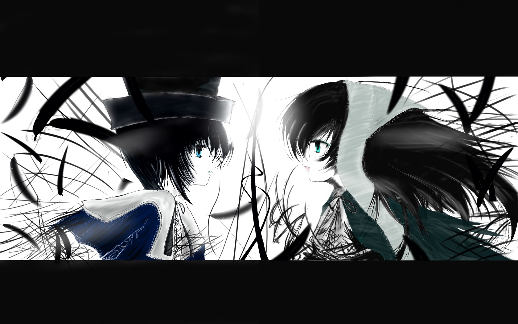 2girls black_hair black_rock_shooter_(character) black_wings blue_eyes dead_master hat image letterboxed long_hair multiple_girls pair short_hair souseiseki suiseiseki wings