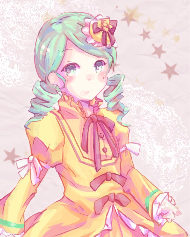 1girl blush bow dress drill_hair frills green_hair image juliet_sleeves kanaria long_sleeves puffy_sleeves ribbon solo star_(symbol) twin_drills yellow_dress