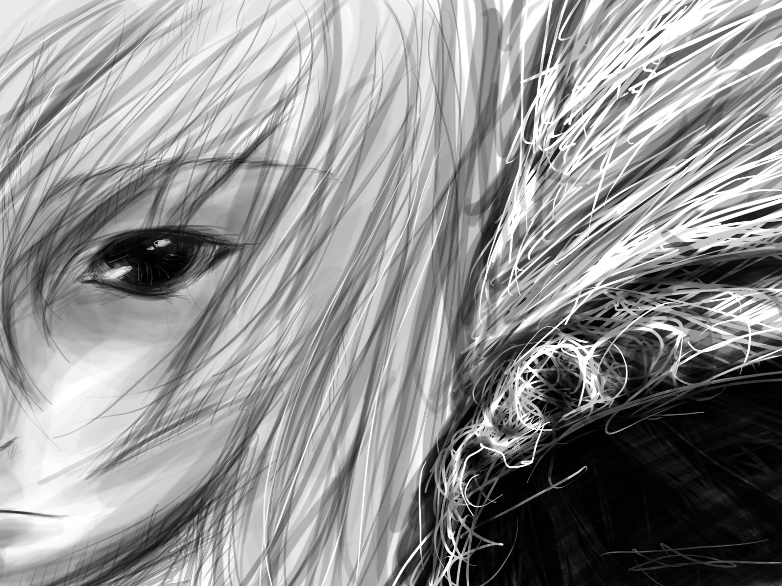 1girl blood close-up face greyscale image monochrome solo suigintou teeth