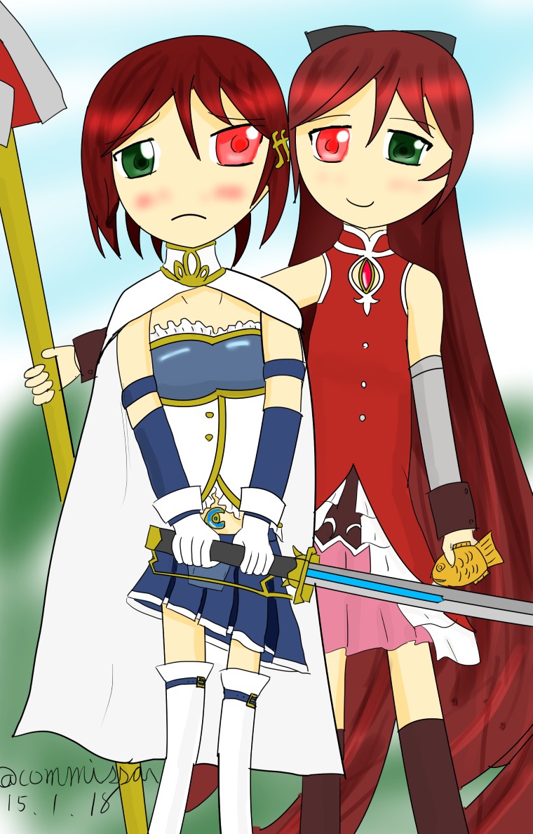 2girls blush cape crossdressing green_eyes heterochromia image long_hair magical_girl miki_sayaka multiple_girls pair polearm red_eyes red_hair sakura_kyouko short_hair souseiseki spear suiseiseki sword thighhighs weapon white_legwear zettai_ryouiki