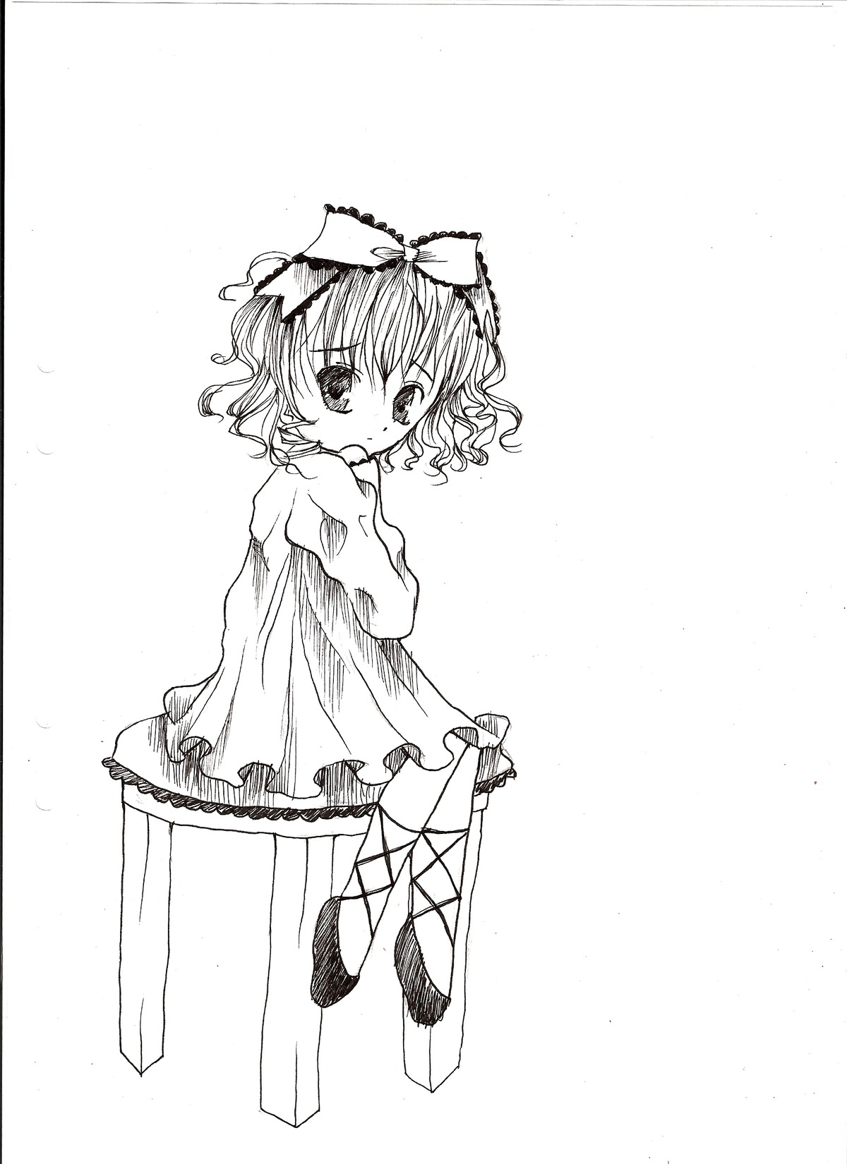 1girl blush bow dress greyscale hair_bow hinaichigo image looking_at_viewer looking_back monochrome ribbon short_hair solo traditional_media