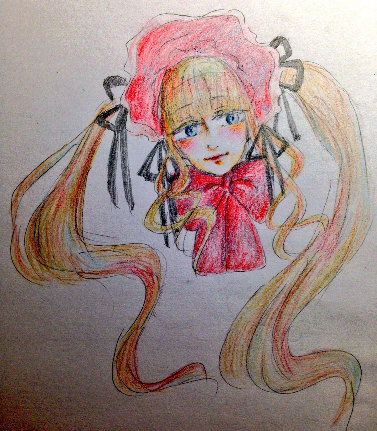 1girl bangs blonde_hair blue_eyes blush bonnet bow bowtie closed_mouth floating_hair image long_hair looking_at_viewer marker_(medium) photo portrait shinku simple_background solo traditional_media twintails watercolor_(medium)