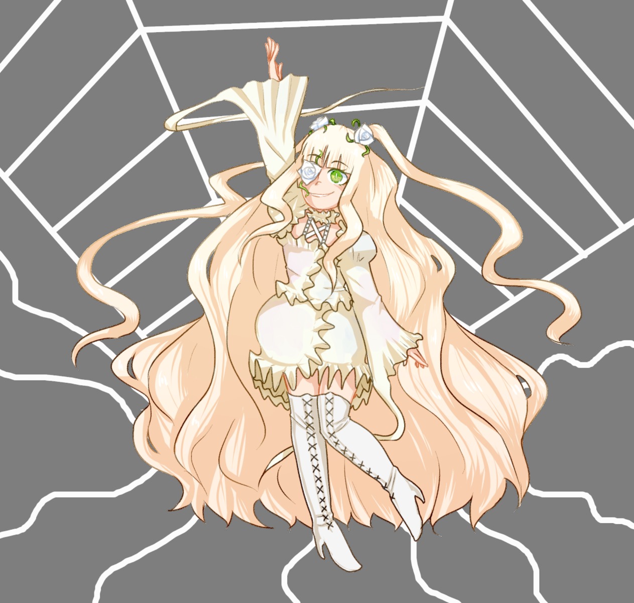 1girl blonde_hair boots dress eyepatch flower full_body green_eyes image kirakishou long_hair smile solo thigh_boots thighhighs transparent_background very_long_hair white_footwear zettai_ryouiki
