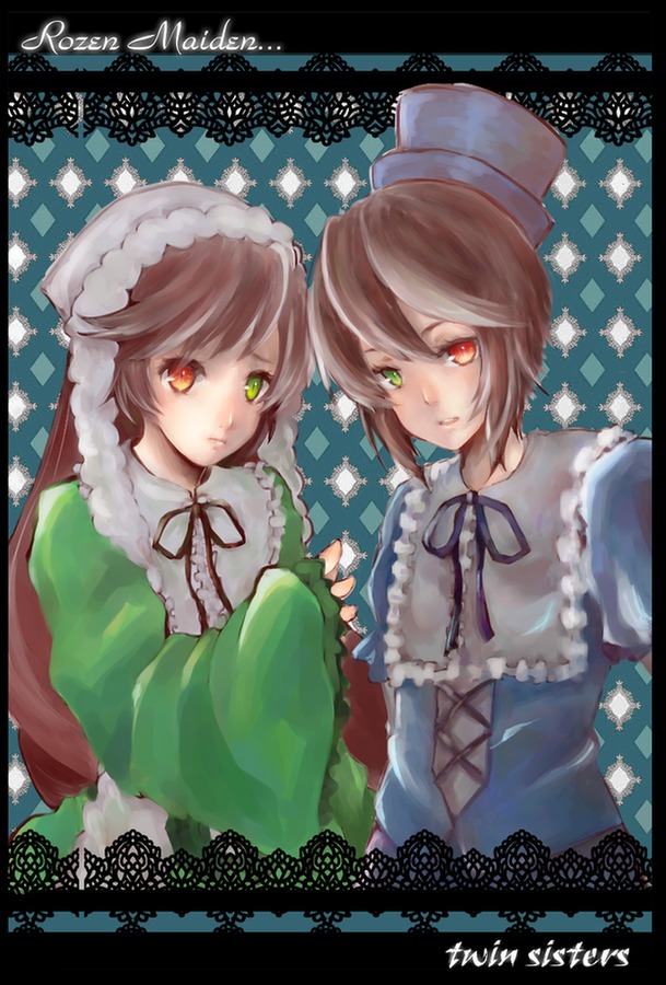 2girls brown_hair dress frills green_dress green_eyes hat heterochromia image letterboxed long_sleeves looking_at_viewer multiple_girls pair red_eyes ribbon short_hair siblings sisters smile souseiseki suiseiseki top_hat twins