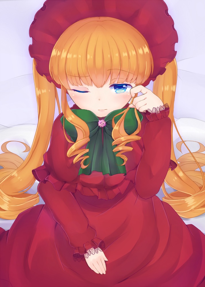 1girl blonde_hair blue_eyes blush bonnet bow dress drill_hair flower image long_hair long_sleeves looking_at_viewer one_eye_closed red_dress ribbon rose shinku solo twin_drills twintails very_long_hair
