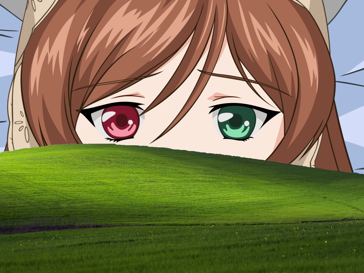 1girl bangs brown_hair close-up eyebrows_visible_through_hair face green_eyes image looking_at_viewer peeking_out portrait short_hair solo suiseiseki swept_bangs