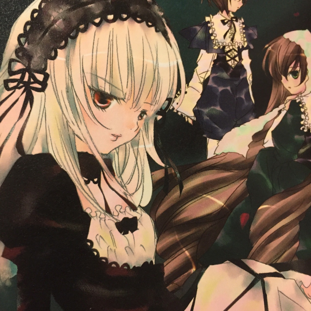3girls brown_hair dress frills green_eyes hairband image long_hair long_sleeves looking_at_viewer multiple multiple_girls ribbon suigintou suiseiseki tagme wings
