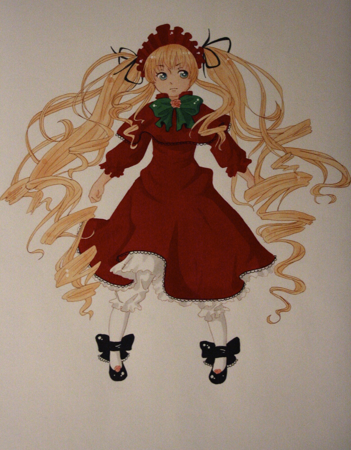 1girl black_footwear blonde_hair blue_eyes bow bowtie dress drill_hair full_body green_bow image long_hair long_sleeves pantyhose photo red_dress shinku shoes solo twin_drills twintails very_long_hair white_legwear