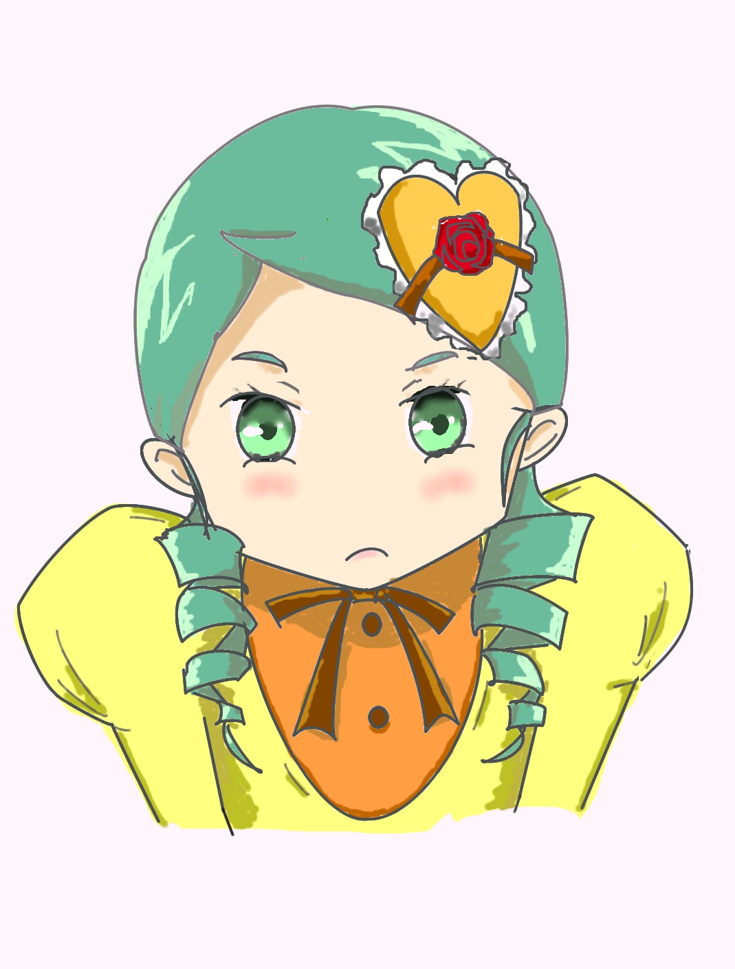 1girl blush drill_hair flower green_eyes green_hair image kanaria looking_at_viewer ribbon solo striped striped_background twin_drills uniform upper_body vertical_stripes