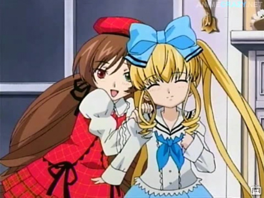 2girls 3girls blonde_hair blue_bow blush bow brown_hair closed_eyes dress hair_bow hat heterochromia image long_hair long_sleeves mirror multiple_girls open_mouth pair red_eyes school_uniform shinku smile suiseiseki very_long_hair