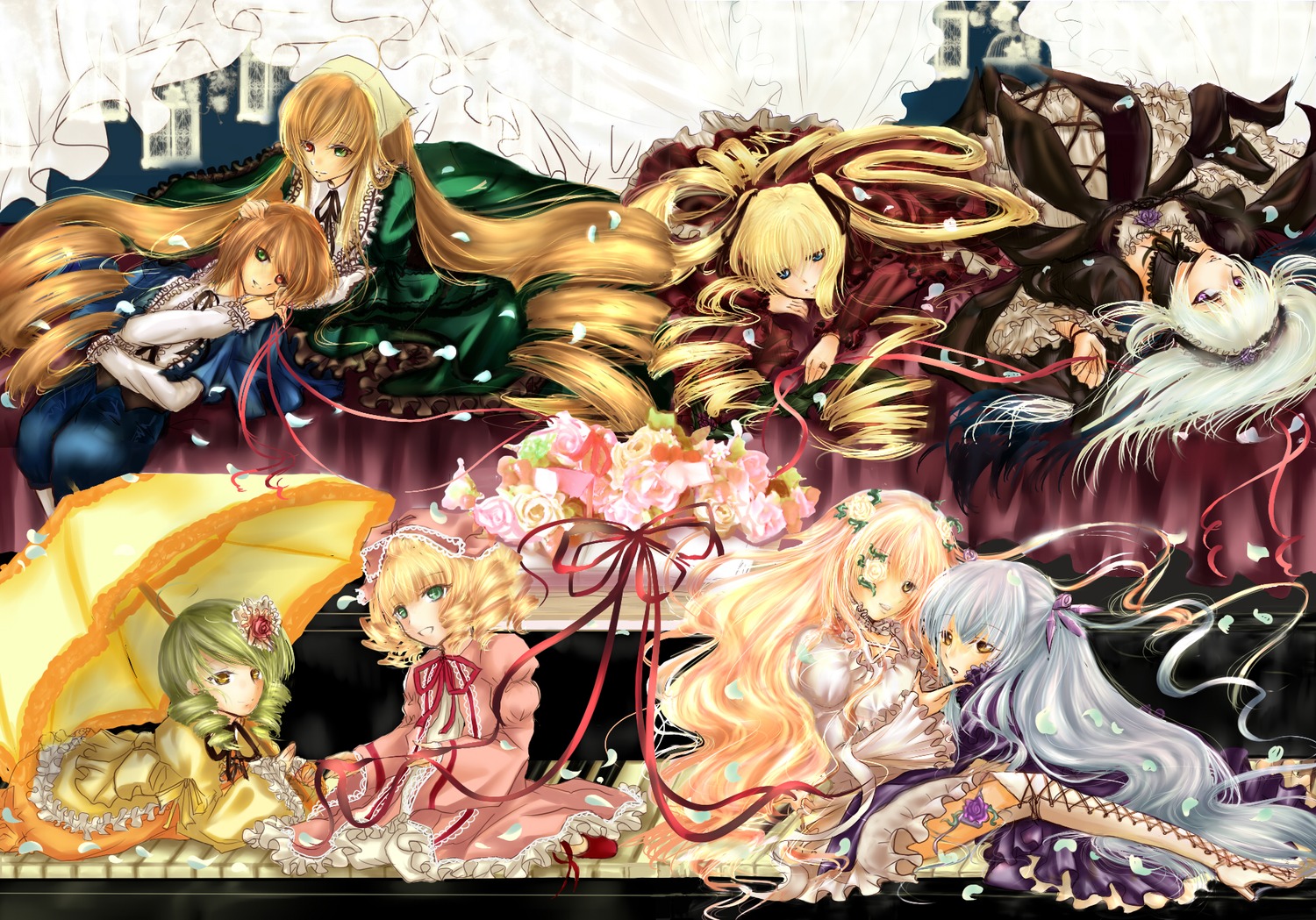 6+girls barasuishou blonde_hair blue_eyes bow brown_hair commentary_request dress drill_hair everyone eyepatch flower frills green_eyes green_hair hair_flower hair_ornament hairband heterochromia highres hina_ichigo image kanaria kirakishou long_hair multiple multiple_girls parasol pink_bow pink_hair purple_eyes purple_hair ribbon rozen_maiden shinku short_hair siblings silver_hair sisters souseiseki suigintou suiseiseki tagme twins twintails umbrella very_long_hair wings yellow_eyes yuki_hikari