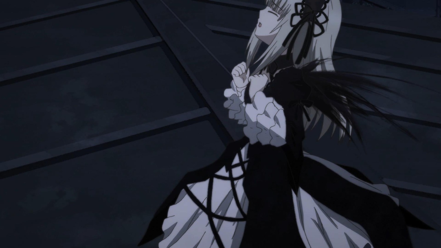 1girl black_dress black_wings closed_eyes dress frilled_sleeves frills hairband image long_hair long_sleeves profile ribbon solo suigintou very_long_hair wide_sleeves wings