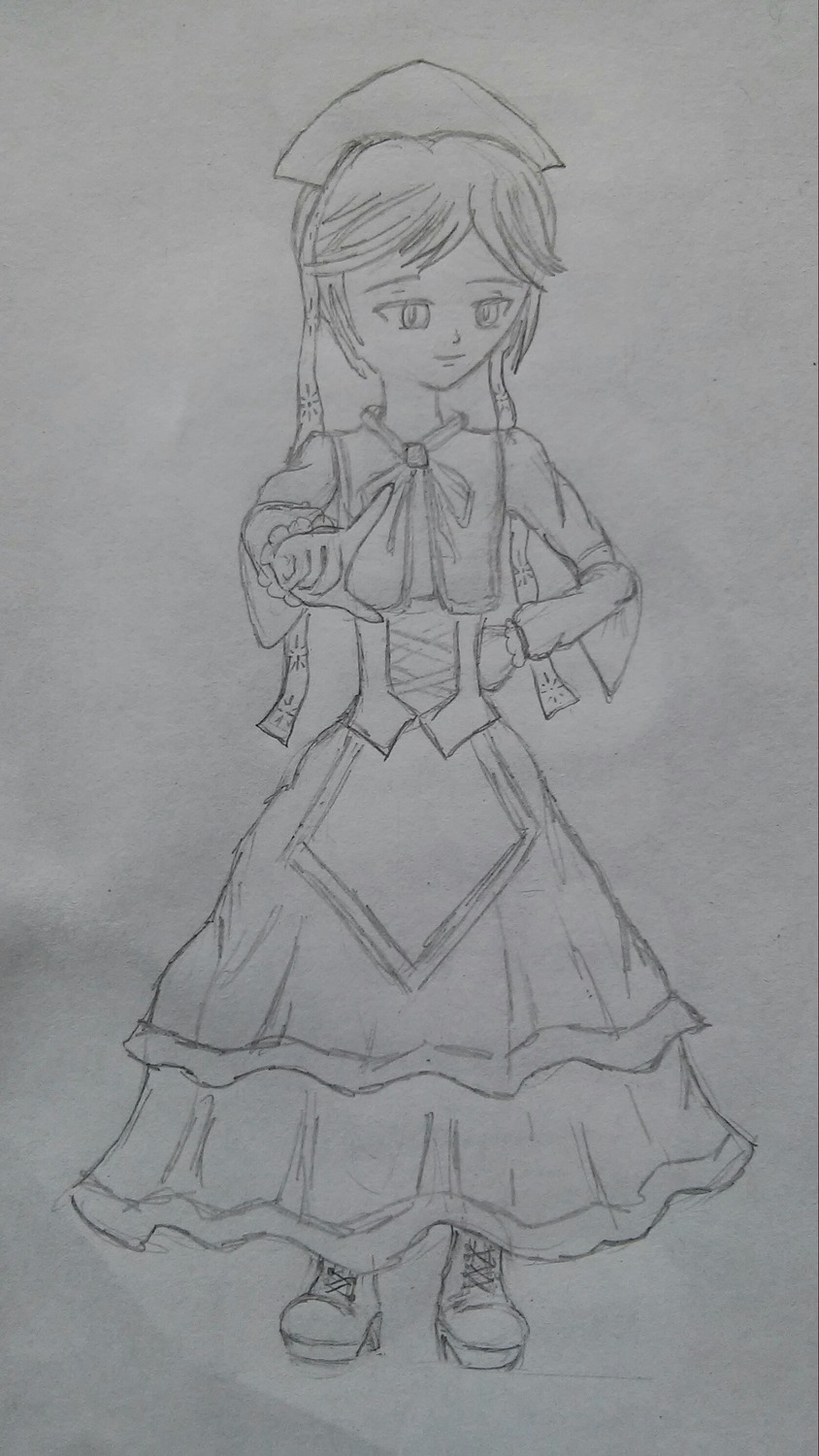 1girl bangs closed_mouth dress full_body greyscale hand_on_hip hat image long_hair long_sleeves looking_at_viewer monochrome photo shoes simple_background skirt smile solo standing suiseiseki traditional_media