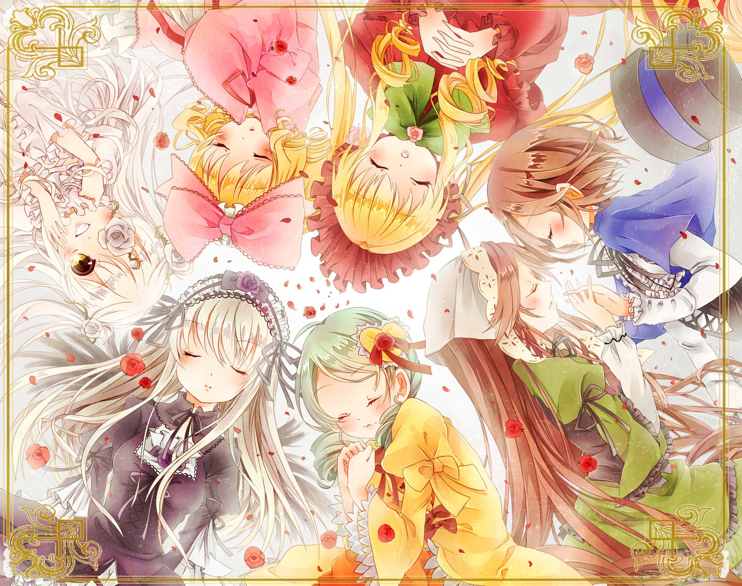 6+girls blonde_hair bonnet bow brown_hair closed_eyes dress eyepatch flower green_hair hair_bow hair_ornament hairband hands_clasped hat hina_ichigo holding_hands image interlocked_fingers kanaria lolita_fashion long_hair multiple multiple_girls own_hands_together petals pink_bow rose_petals shinku short_hair siblings silver_hair sleeping souseiseki suigintou suiseiseki tagme