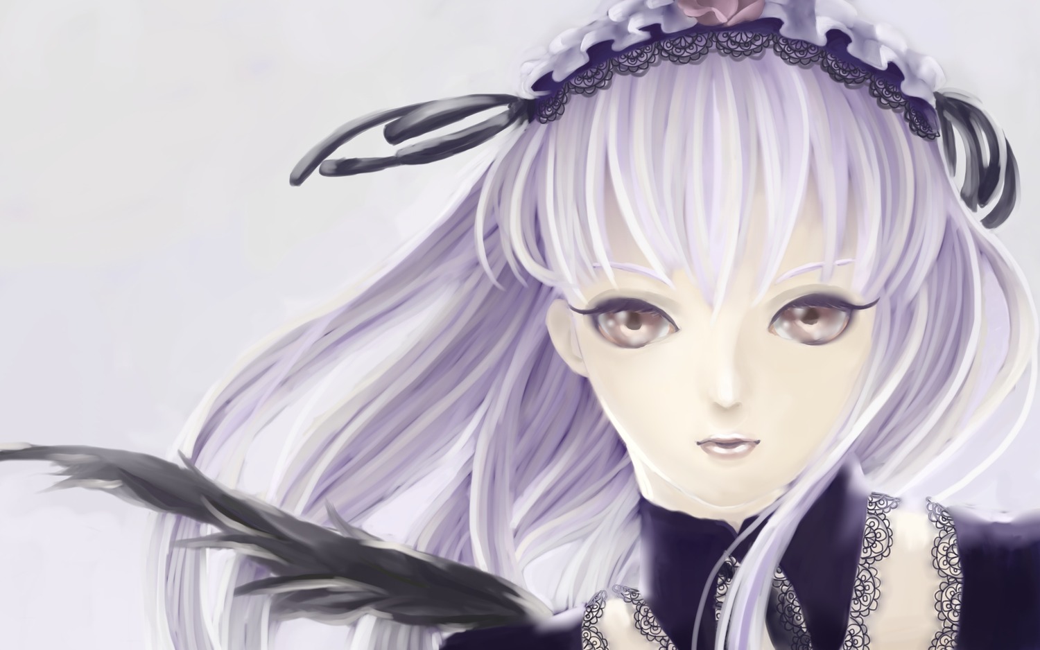 1girl bangs black_ribbon close-up eyelashes face feathers hairband image lace lips lolita_hairband long_hair looking_at_viewer portrait ribbon rose silver_hair solo suigintou