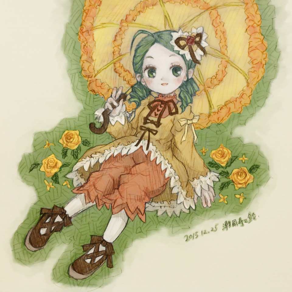 1girl blush dress drill_hair flower frills full_body green_eyes green_hair holding_umbrella image kanaria lolita_fashion long_sleeves looking_at_viewer open_mouth parasol pink_rose red_flower red_rose rose shoes smile solo twin_drills umbrella vines white_rose yellow_flower yellow_rose