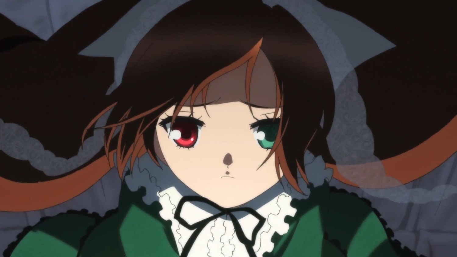 1girl :t bangs brown_hair dress frills green_dress heterochromia image long_sleeves looking_at_viewer red_eyes ribbon solo suiseiseki