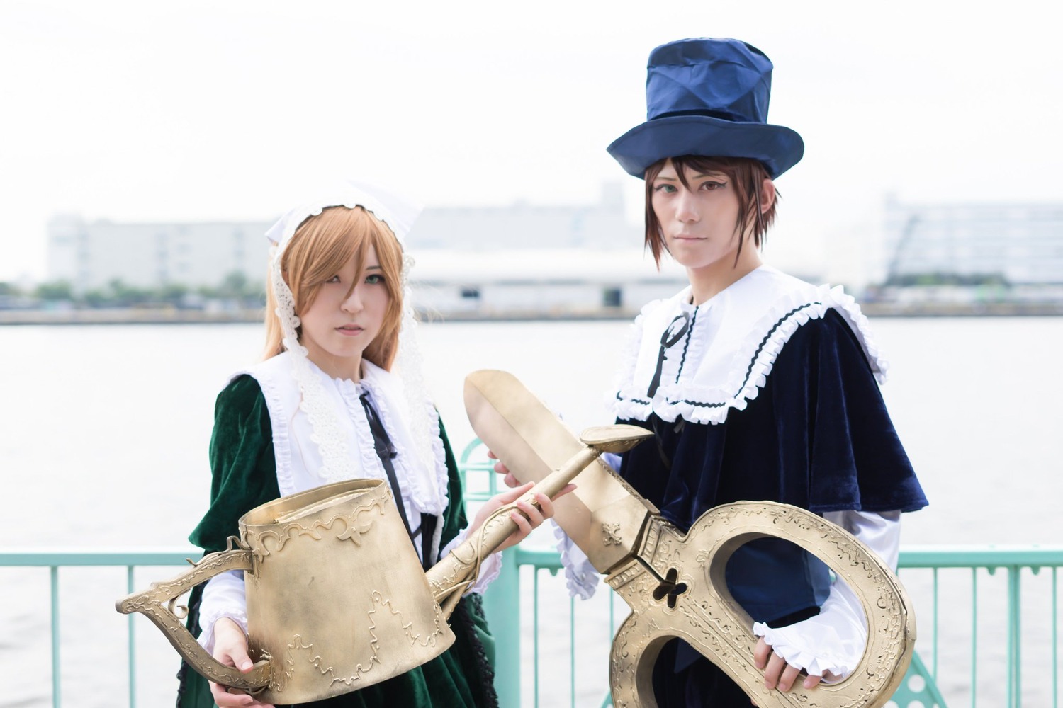 2boys basket blonde_hair blue_eyes blurry brown_hair dress hat multiple_boys multiple_cosplay tagme