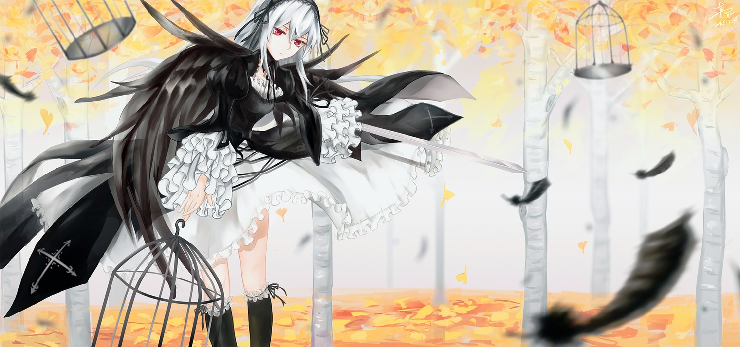 1girl bangs bird black_dress black_feathers black_legwear black_wings closed_mouth dress feathered_wings feathers frills hair_between_eyes image long_hair long_sleeves looking_at_viewer red_eyes ribbon silver_hair solo suigintou very_long_hair white_hair wide_sleeves wings