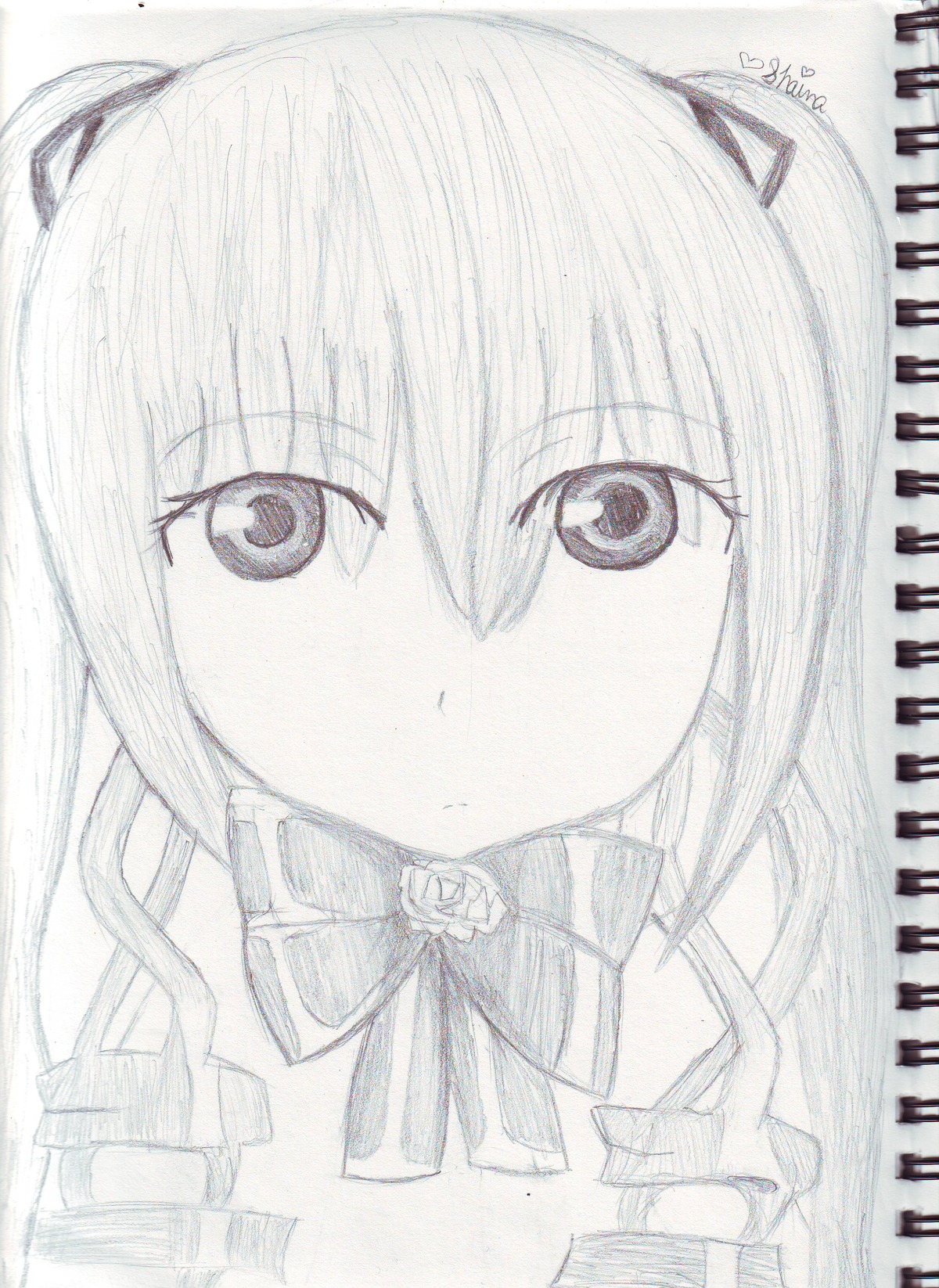 1girl bangs bow bowtie closed_mouth eyebrows_visible_through_hair flower graphite_(medium) greyscale hair_between_eyes image lineart long_hair looking_at_viewer monochrome ribbon rose shinku simple_background solo traditional_media white_background