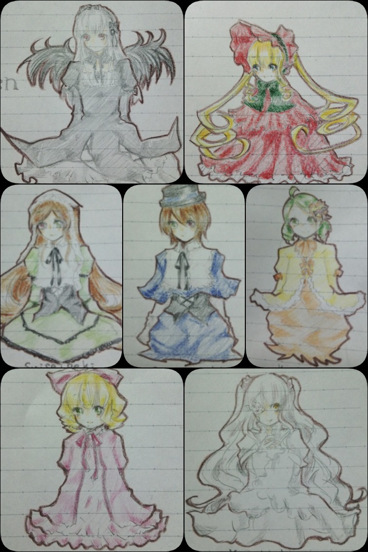 6+girls blonde_hair blue_dress bow dress flower hat hina_ichigo image long_hair multiple multiple_girls puffy_sleeves red_eyes short_hair siblings sisters smile suiseiseki tagme traditional_media very_long_hair wings